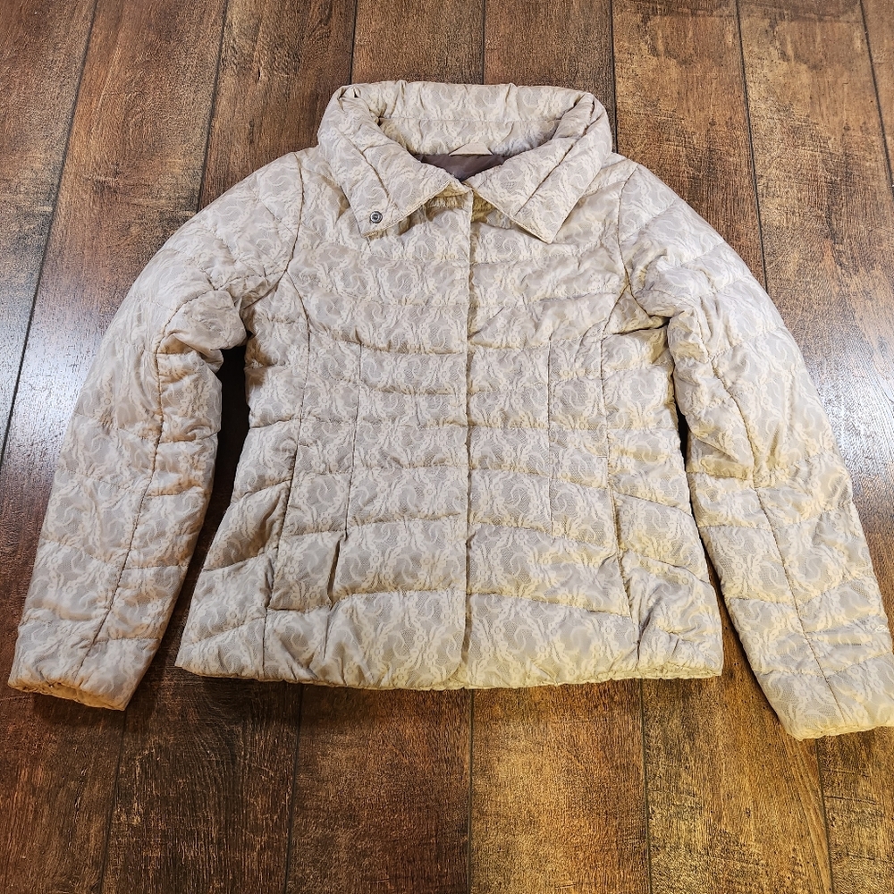 Eddie Bauer Goose Down Puffer Jacket Women's S Beige Lace Motif Full Zip Pockets - Picture 2 of 10